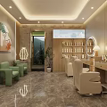 Modern Beauty and Hair Salon Interior with Green Chairs Beige Armchairs Mirrors and Product Shelves